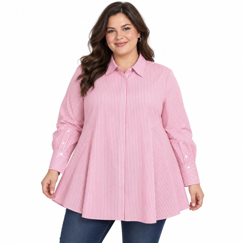 Neiman Marcus Button Tunic Top Women 2X Plus Striped Flare Long Sleeve Pink EUC